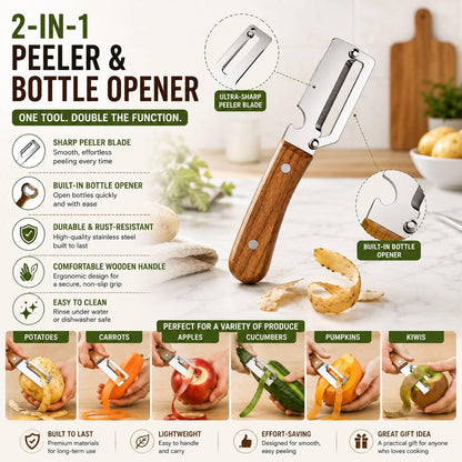 2PCS Multifunctional Vegetable Peeler, Stainless Steel Peeler with Wooden Handle, Fruit and Vegetable Peeler for Kitchen, Handheld Kitchen Peeler for Potato, Carrot, Apple