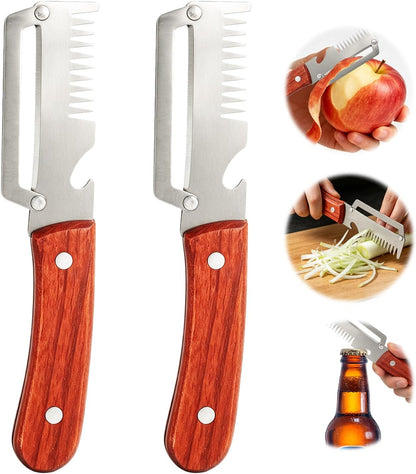 2-Pack 3-in-1 Vegetable Peelers for Kitchen with Wooden Handle, Stainless Steel Blades, Built-in Julienne Cutter & Bottle Opener, Fruit Peeler for Potato, Carrot, Apple, Cucumber & Pumpkin