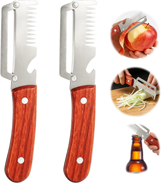 2-Pack 3-in-1 Vegetable Peelers for Kitchen with Wooden Handle, Stainless Steel Blades, Built-in Julienne Cutter & Bottle Opener, Fruit Peeler for Potato, Carrot, Apple, Cucumber & Pumpkin