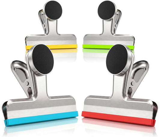 HOUSE AGAIN 4 Pack Stainless Steel Magnetic Chip Bag Clips Covered with Silicone - NO More Sharp Edges - Color Coded for Food Bags - Hang Postcards Heavy Duty for Kitchen and Office, 3 Inches Wide
