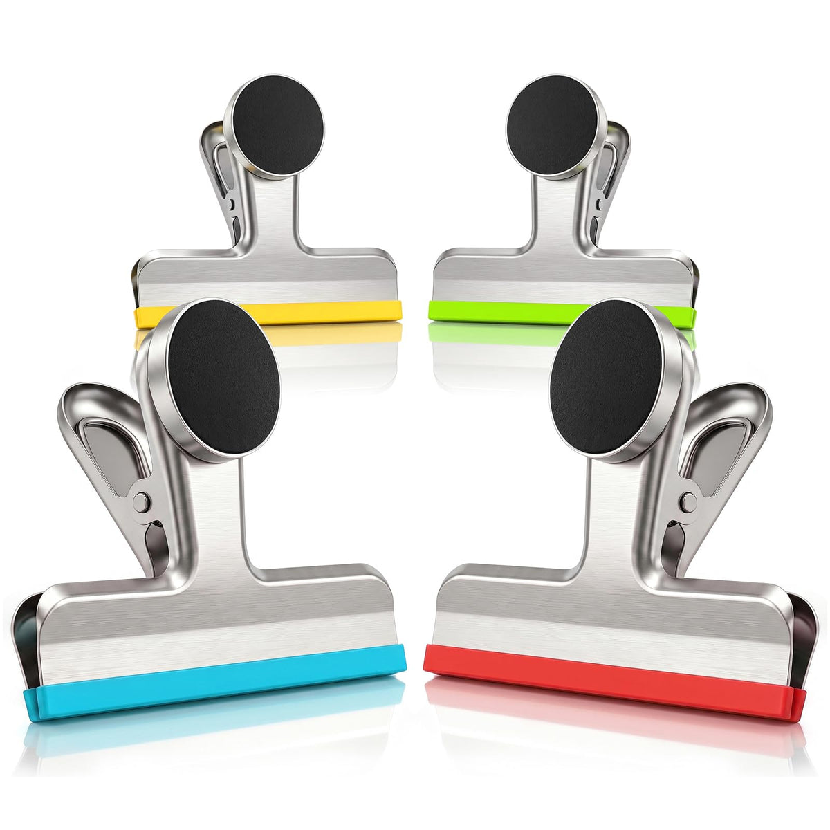 HOUSE AGAIN 4 Pack Stainless Steel Magnetic Chip Bag Clips Covered with Silicone - NO More Sharp Edges - Color Coded for Food Bags - Hang Postcards Heavy Duty for Kitchen and Office, 3 Inches Wide