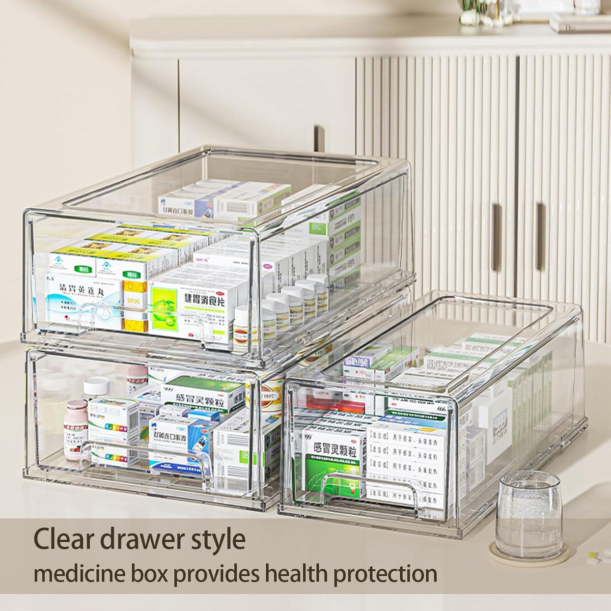 Pull Out Drawer Medicine Box for Safe Medication Storage, Large Refrigerator Storage Bin for Kitchen Food Safe, Tablet Box for Kids Home/Office Organize Ointments,2 Pack - Clear（ Medium）