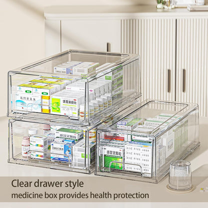 Pull Out Drawer Medicine Box for Safe Medication Storage, Large Refrigerator Storage Bin for Kitchen Food Safe, Tablet Box for Kids Home/Office Organize Ointments,2 Pack - Clear（ Medium）