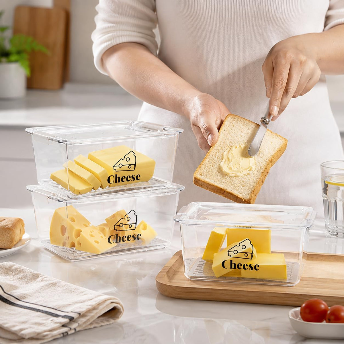 3 Pack Cheese Container for Refrigerator, Airtight Clear Cheese Storage Box with Lid, Cheese Keeper for Sliced Cheese, Deli Meat, Ham, Salami & Turkey, Fridge Food Storage Organizer