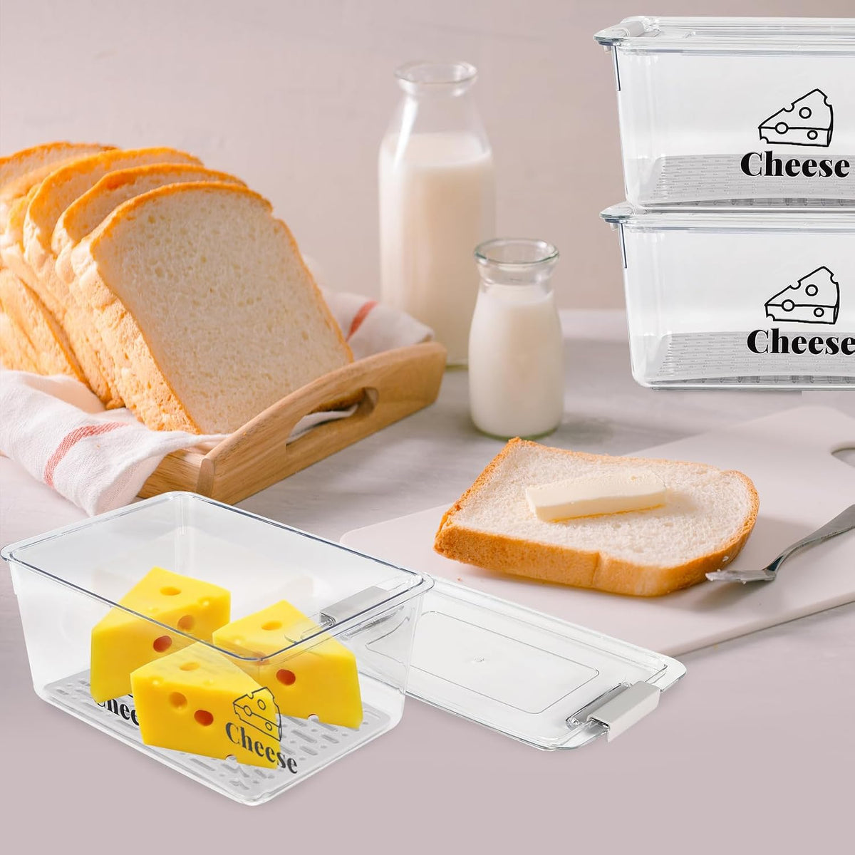 3 Pack Cheese Container for Refrigerator, Airtight Clear Cheese Storage Box with Lid, Cheese Keeper for Sliced Cheese, Deli Meat, Ham, Salami & Turkey, Fridge Food Storage Organizer