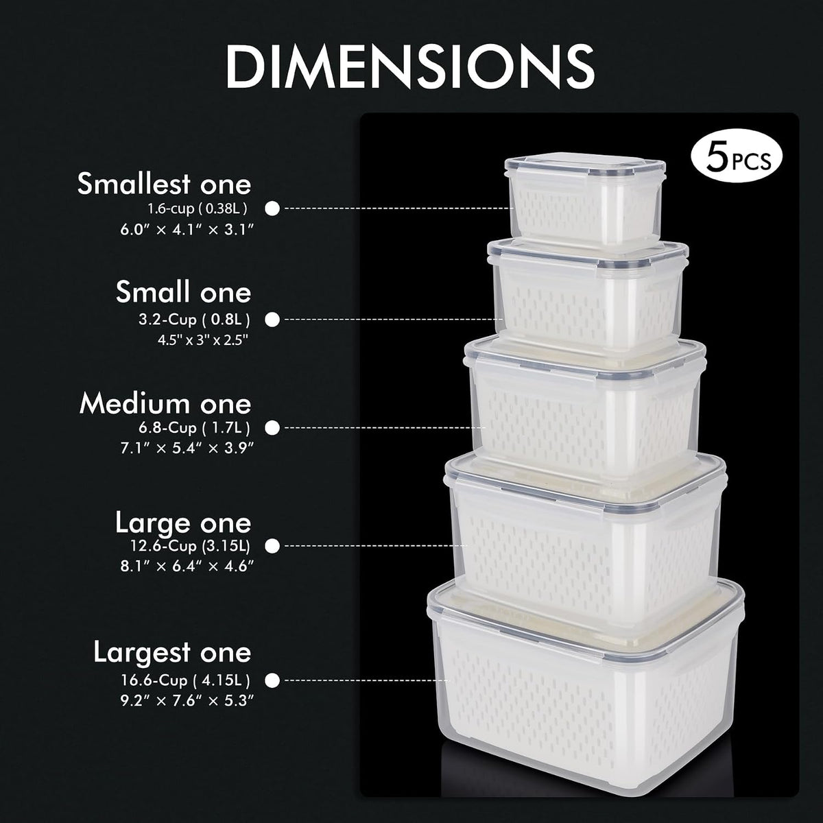 HOTEC 5-Pack Fruit Storage Container for Fridge, 4.15L