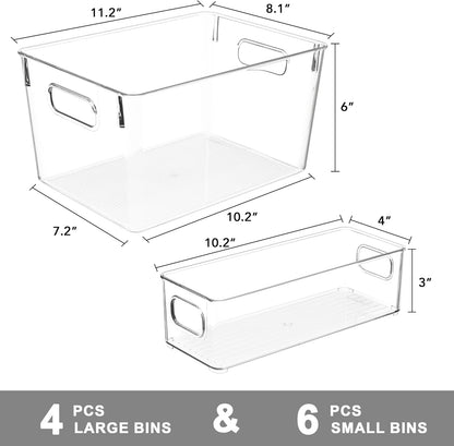 Tiawudi Set of 10 Clear Plastic Storage Bins, 4 Large and 6 Small Stackable Storage Containers for Pantry Organization, Organizer Bins for Home, Kitchen, Bathroom, Office, Cabinet Shelf Organizers