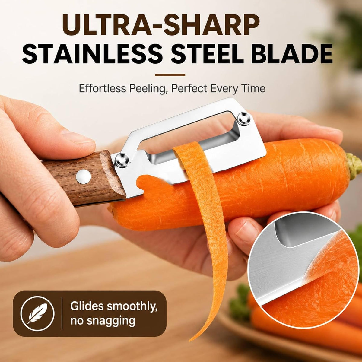 2PCS Multifunctional Vegetable Peeler, Stainless Steel Peeler with Wooden Handle, Fruit and Vegetable Peeler for Kitchen, Handheld Kitchen Peeler for Potato, Carrot, Apple