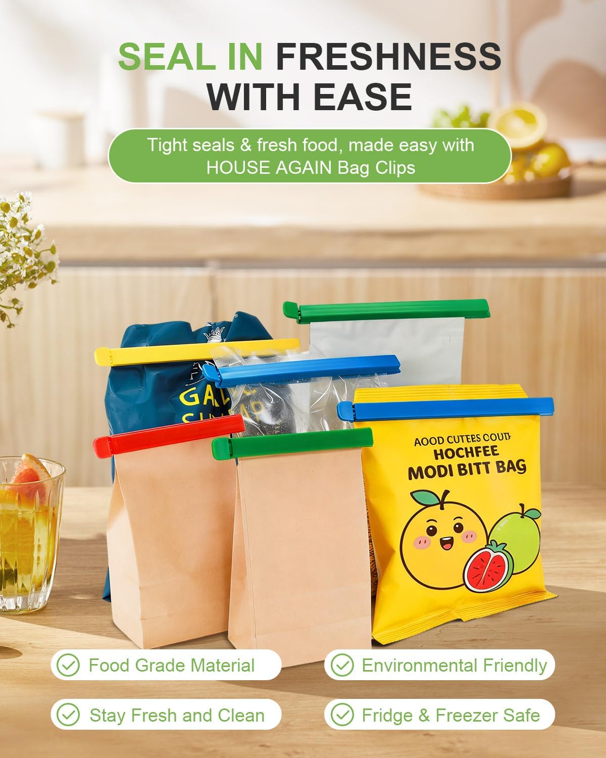 HOUSE AGAIN 12 PCS Plastic Chip Clips with Magnetic, Bag Clip for Food Storage, Food Bag Sealing Clip, Wide Open Food Clips for Bread, Snacks, Fridge Organizer Kitchen, Easy to Store (8 x S,4 x L)