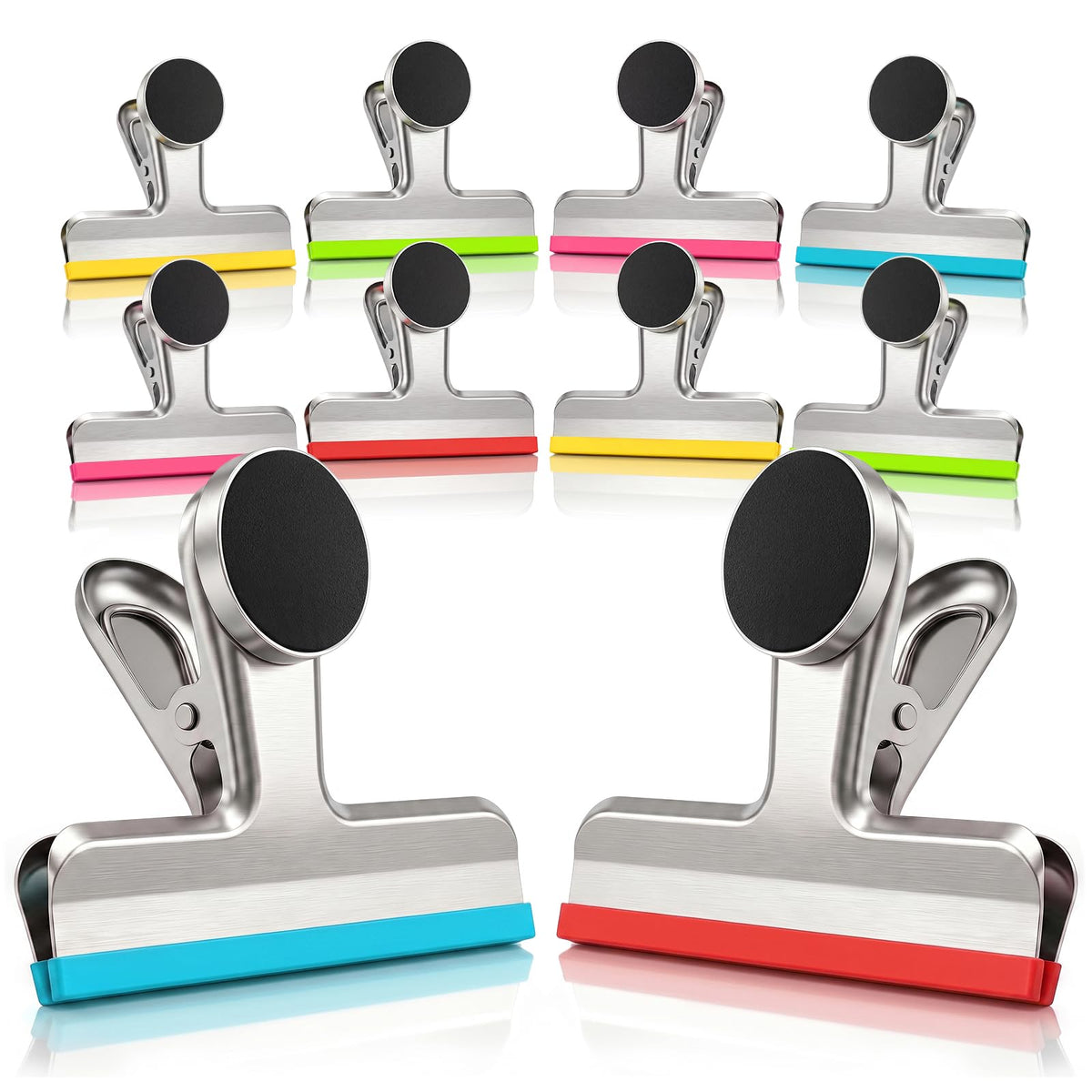 HOUSE AGAIN 4 Pack Stainless Steel Magnetic Chip Bag Clips Covered with Silicone - NO More Sharp Edges - Color Coded for Food Bags - Hang Postcards Heavy Duty for Kitchen and Office, 3 Inches Wide