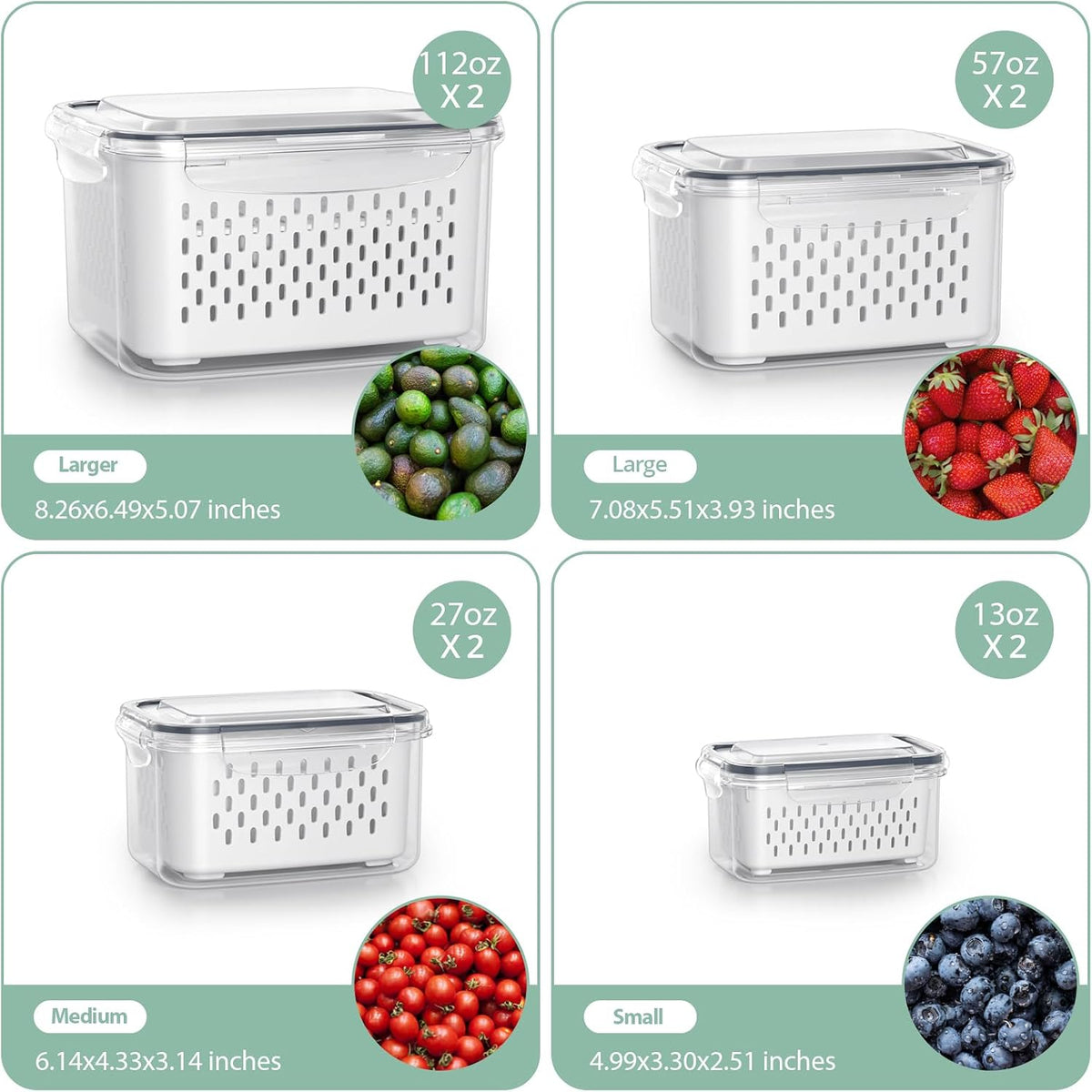 Anysig 8 Pack Fridge Fruit Storage Containers with Removable Colander