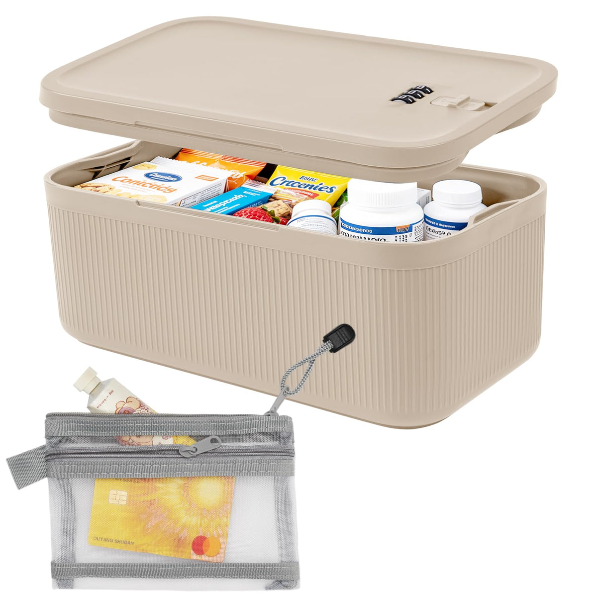 Lock Box for Medication, Medicine Lock Box with Small Mesh Zipper Pouch, Lockable Storage Box with Code for Phone Medicine Snack, BPA-Free Lock Box for Fridge, Home, Office, School, Gift