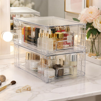 2 Pack Stackable Storage Drawers,Plastic Organizers Bins, Drawers Storage with Handles and Movable Dividers for Organization and Storage in Fridge,Bathroom, Pantry, Kitchen Cabinets, Under Sink
