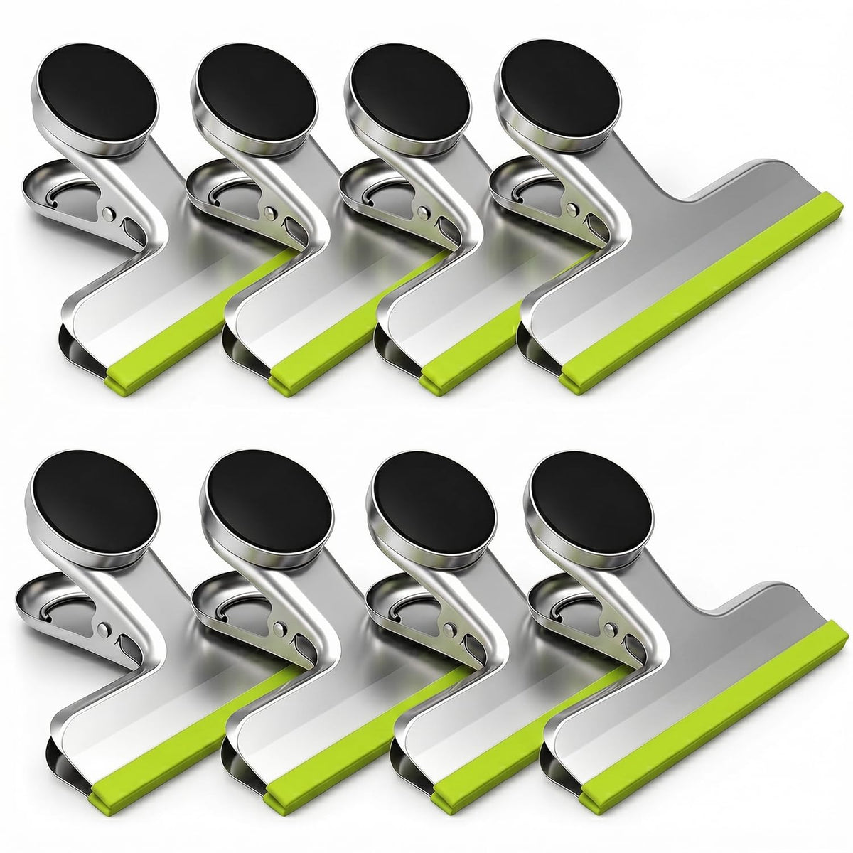 HOUSE AGAIN 4 Pack Stainless Steel Magnetic Chip Bag Clips Covered with Silicone - NO More Sharp Edges - Color Coded for Food Bags - Hang Postcards Heavy Duty for Kitchen and Office, 3 Inches Wide
