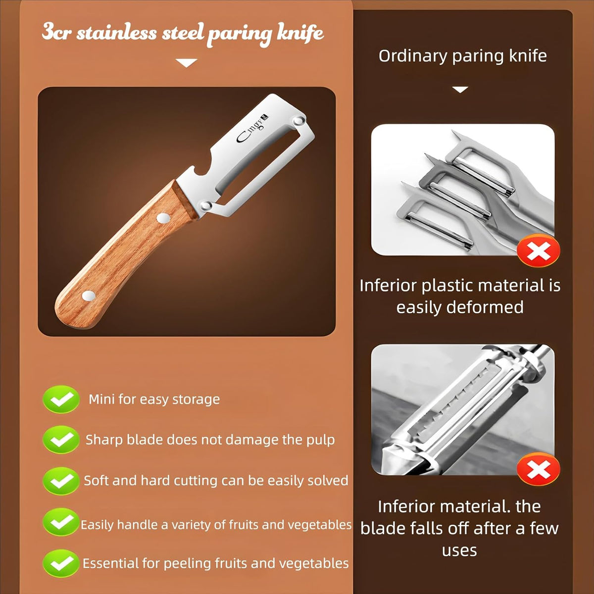 Vegetable Peeler Wooden Handle Sharp Steel Blade with Bottle Opener