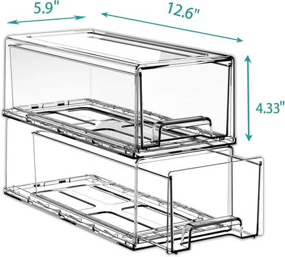 Pull Out Drawer Medicine Box for Safe Medication Storage, Large Refrigerator Storage Bin for Kitchen Food Safe, Tablet Box for Kids Home/Office Organize Ointments,2 Pack - Clear（ Medium）