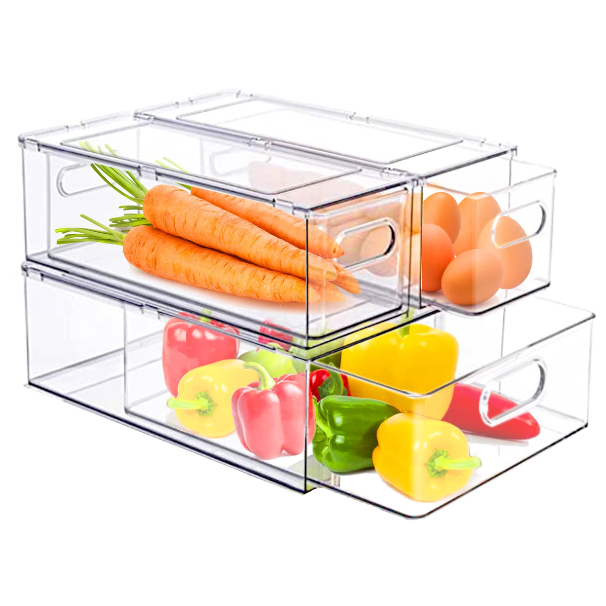 Refrigerator Organizers and Storage, 2 Pack BPA-Free Sturdy Stackable Clear Pull out Drawer Organizer Bins, Fridge Organizers and Storage for Fruit, Produce, Drink, Snack and Food Storage Containers