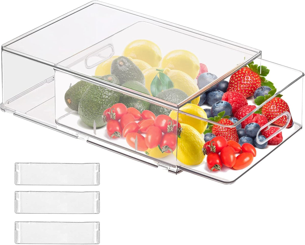 Refrigerator Organizers and Storage, 2 Pack BPA-Free Sturdy Stackable Clear Pull out Drawer Organizer Bins, Fridge Organizers and Storage for Fruit, Produce, Drink, Snack and Food Storage Containers