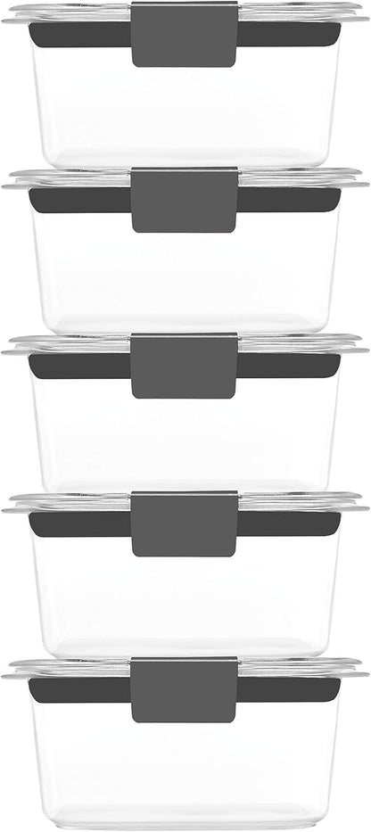 Rubbermaid Brilliance BPA-Free Food Storage Containers Multi Pack, 1.3 Cup Plastic Containers with Lids, 5 Pack, Leak Proof, Microwave & Dishwasher Safe