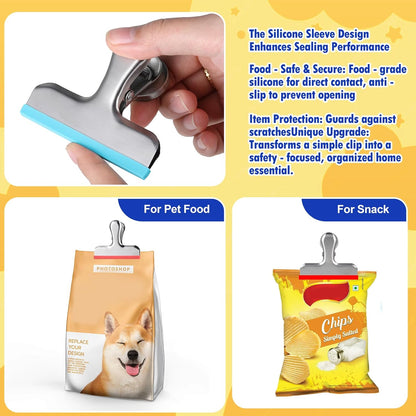 HOUSE AGAIN 4 Pack Stainless Steel Magnetic Chip Bag Clips Covered with Silicone - NO More Sharp Edges - Color Coded for Food Bags - Hang Postcards Heavy Duty for Kitchen and Office, 3 Inches Wide