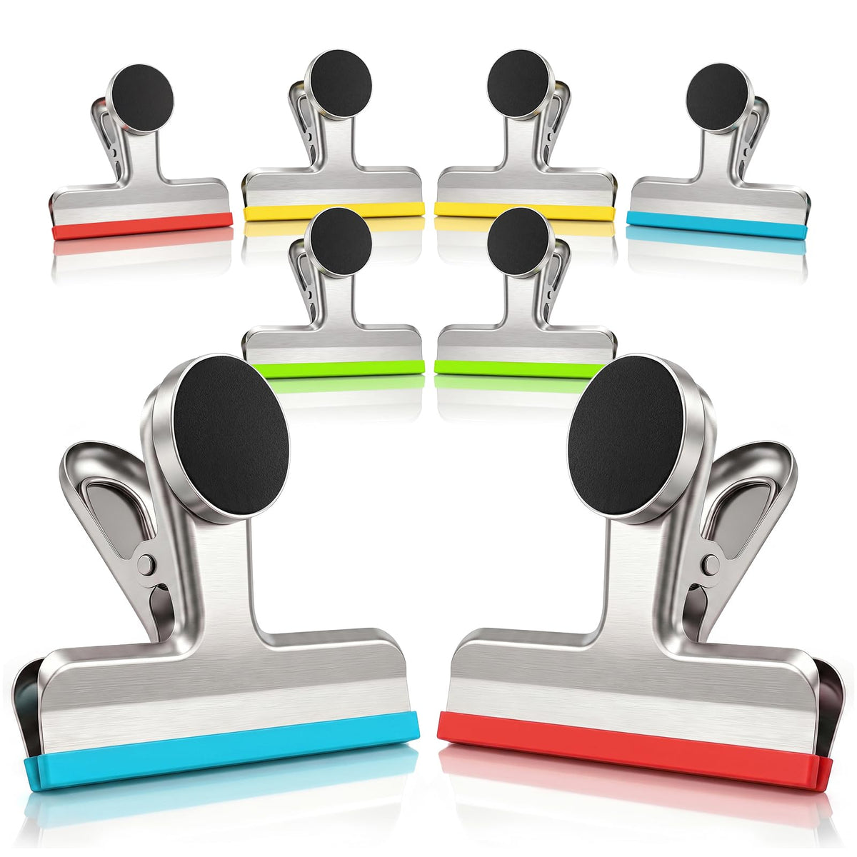 HOUSE AGAIN 4 Pack Stainless Steel Magnetic Chip Bag Clips Covered with Silicone - NO More Sharp Edges - Color Coded for Food Bags - Hang Postcards Heavy Duty for Kitchen and Office, 3 Inches Wide