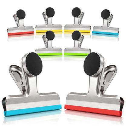 HOUSE AGAIN 4 Pack Stainless Steel Magnetic Chip Bag Clips Covered with Silicone - NO More Sharp Edges - Color Coded for Food Bags - Hang Postcards Heavy Duty for Kitchen and Office, 3 Inches Wide