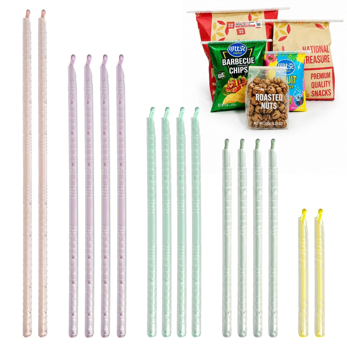 Bag Sealer Stick, Chip Clips Plastic Bag Sealer Stick, Stay Fresh Bag Sealer Sticks - 16 Plastic Closure Rods - 4 Sizes - Magic Kitchen Food Storage Clips