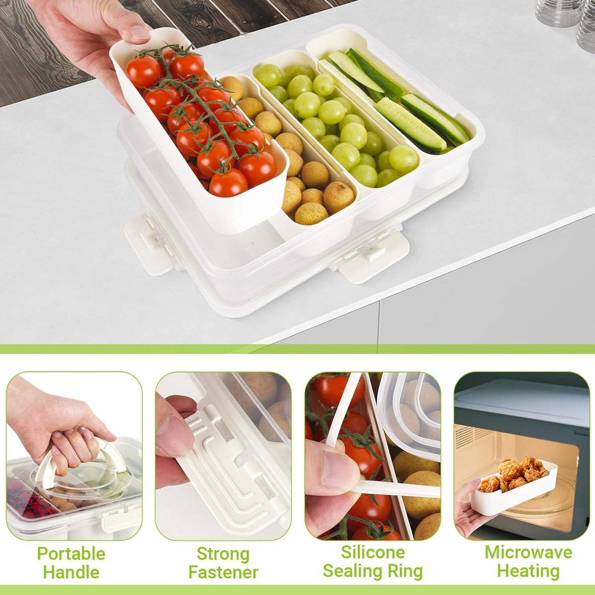 Snackle Box Container, 4 Compartment Divided Serving Tray with Lid