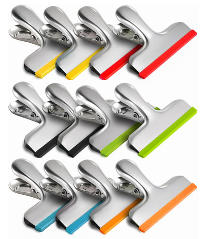 HOUSE AGAIN 12 Pack Stainless Steel Chip Bag Clips Covered with Silicone - NO More Sharp Edges - Color Coded for Food Bags - Air Tight Seal, Heavy Duty for Kitchen and Office, 3 Inches