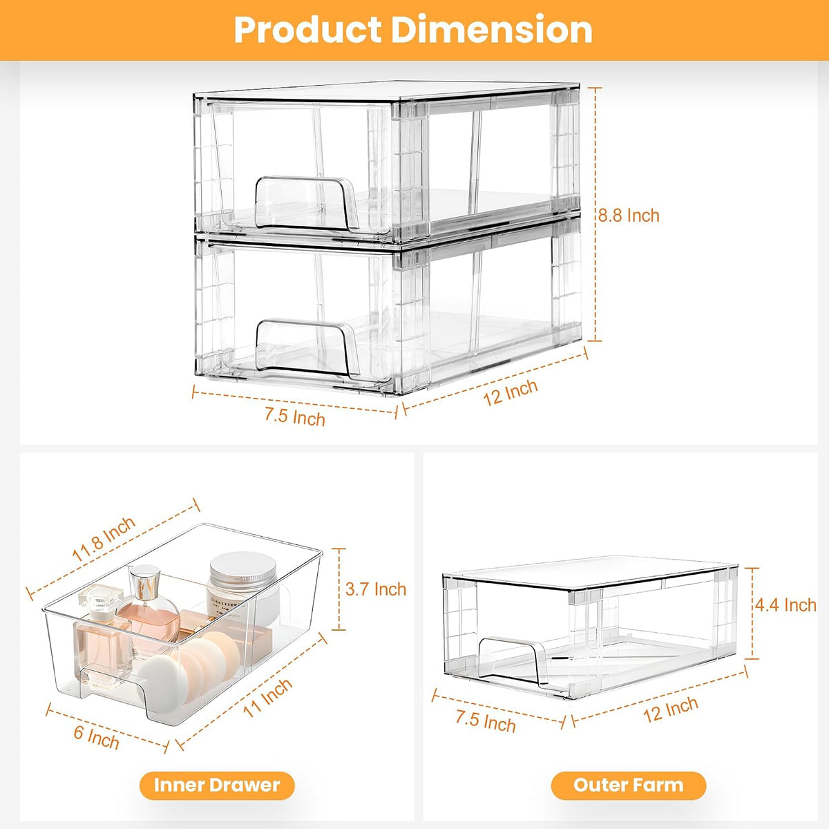 2 Pack Stackable Storage Drawers,Plastic Organizers Bins, Drawers Storage with Handles and Movable Dividers for Organization and Storage in Fridge,Bathroom, Pantry, Kitchen Cabinets, Under Sink