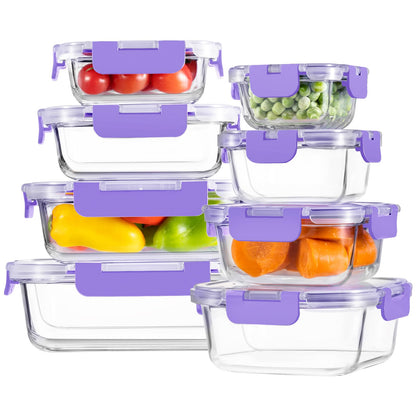 8 Pack Glass Food Storage Containers with Snap Locking Lids for Meal Prep
