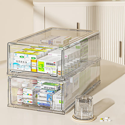Pull Out Drawer Medicine Box for Safe Medication Storage, Large Refrigerator Storage Bin for Kitchen Food Safe, Tablet Box for Kids Home/Office Organize Ointments,2 Pack - Clear（ Medium）
