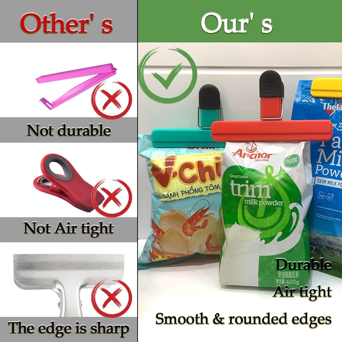 11 Pack Chip Clips Food Bag Clips for Food Packages Chips Storage Bags Heavy Duty Snack Kitchen Potato (3 Large, 6 Small & 2 Round, Bright Style)