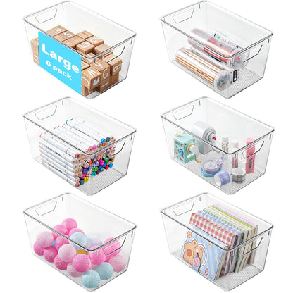 6 Pack Small Clear Storage Bins with Lids, Plastic Arts and Craft Storage Containers, Stackable Clear Plastic Craft Storage Bins with Handles for Classroom Storage Organization,Kitchen, Fridge, Office
