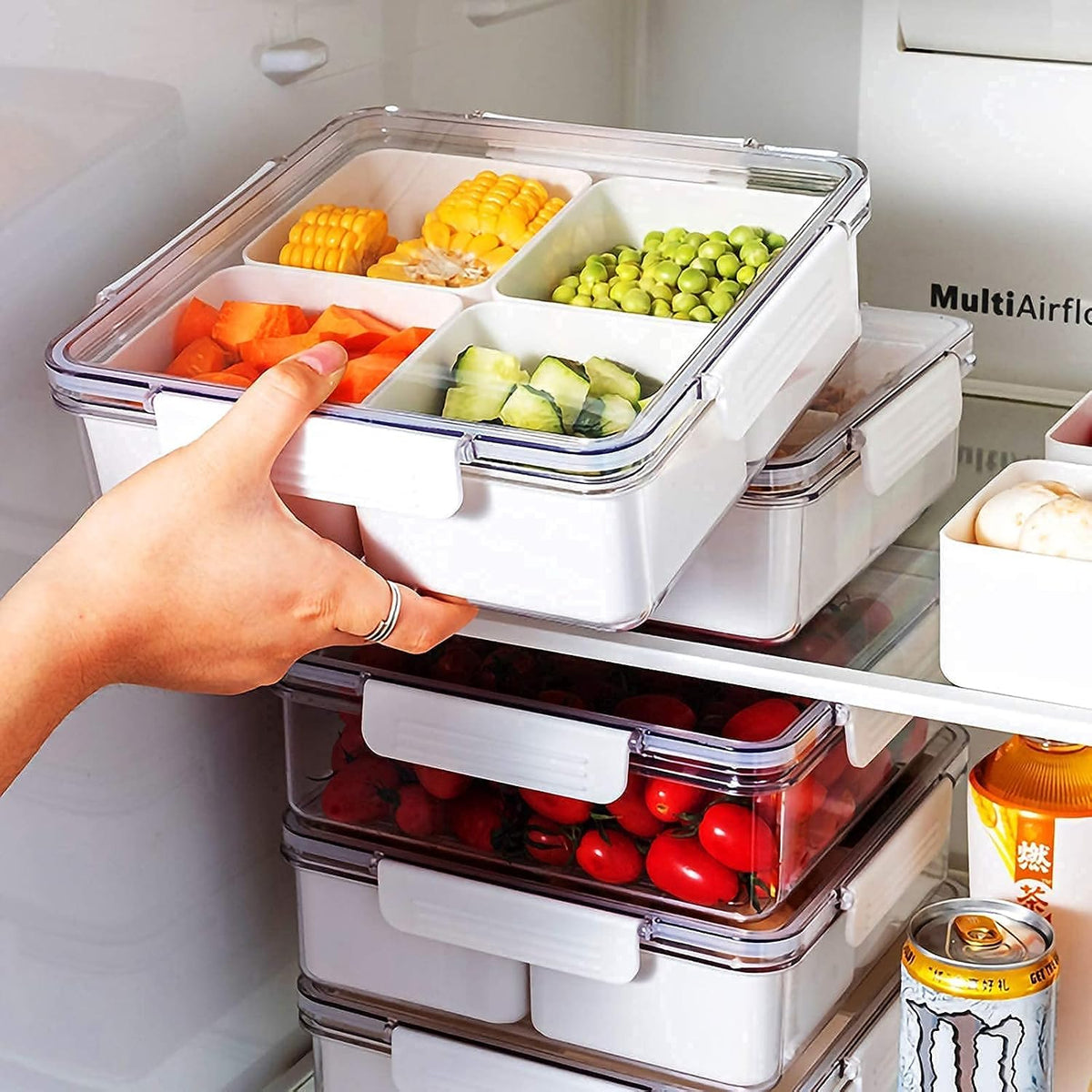 2Pack Divided Veggie Tray with Lid Snackle Box Serving Container Salad Keeper with 4 Removable Boxes Stackable Refrigerator Organizer Bins Produce Saver for Meal Prep Fruit