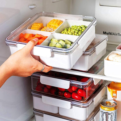2Pack Divided Veggie Tray with Lid Snackle Box Serving Container Salad Keeper with 4 Removable Boxes Stackable Refrigerator Organizer Bins Produce Saver for Meal Prep Fruit