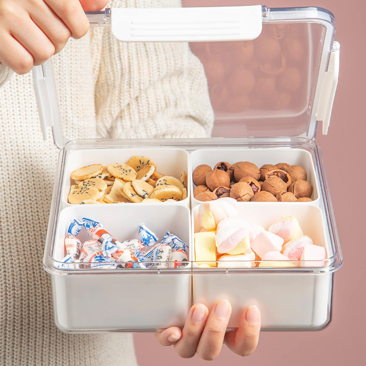2Pack Divided Veggie Tray with Lid Snackle Box Serving Container Salad Keeper with 4 Removable Boxes Stackable Refrigerator Organizer Bins Produce Saver for Meal Prep Fruit