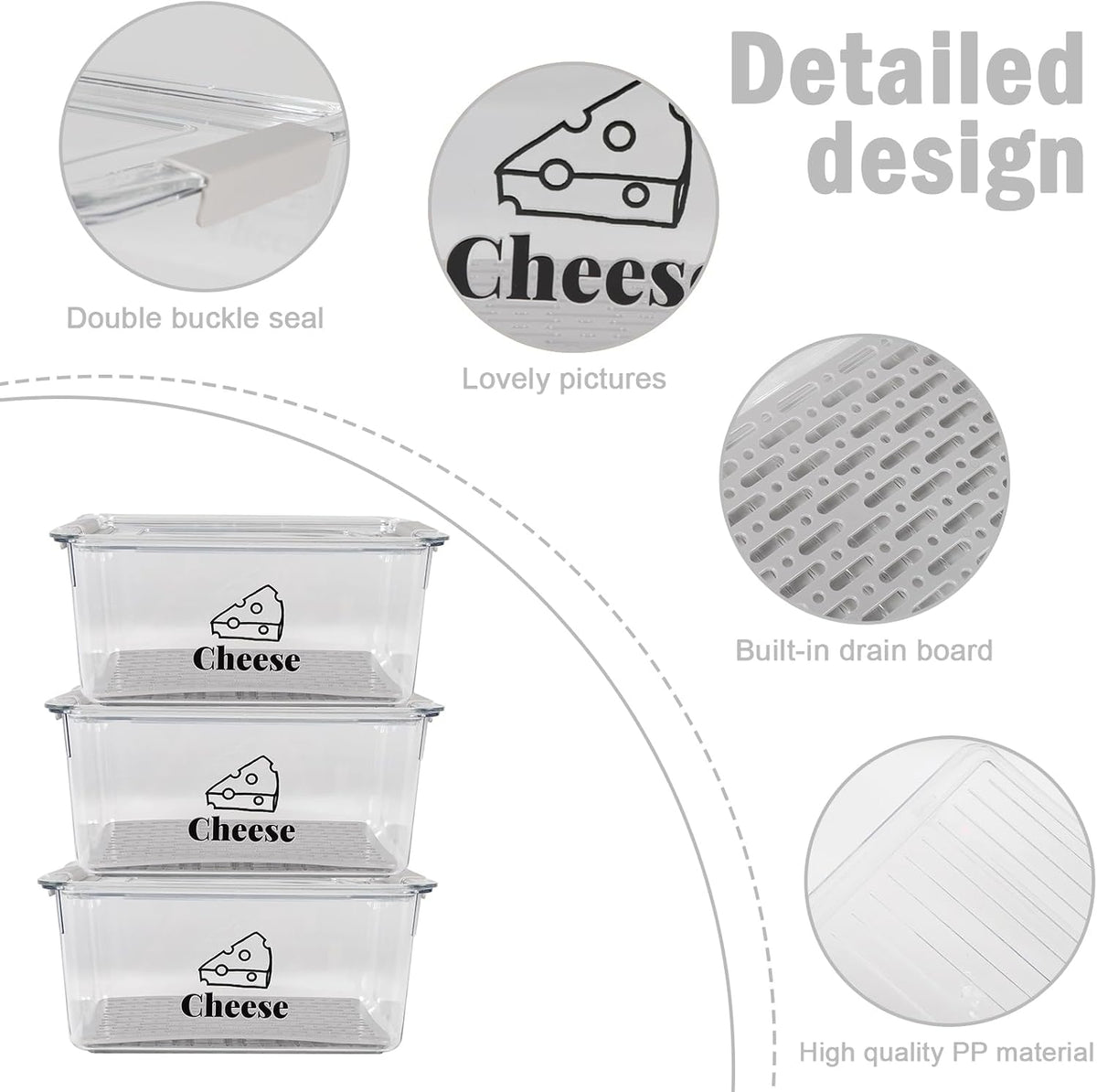 3 Pack Cheese Container for Refrigerator, Airtight Clear Cheese Storage Box with Lid, Cheese Keeper for Sliced Cheese, Deli Meat, Ham, Salami & Turkey, Fridge Food Storage Organizer