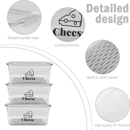 3 Pack Cheese Container for Refrigerator, Airtight Clear Cheese Storage Box with Lid, Cheese Keeper for Sliced Cheese, Deli Meat, Ham, Salami & Turkey, Fridge Food Storage Organizer