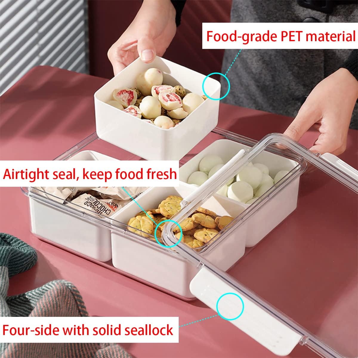 2Pack Divided Veggie Tray with Lid Snackle Box Serving Container Salad Keeper with 4 Removable Boxes Stackable Refrigerator Organizer Bins Produce Saver for Meal Prep Fruit