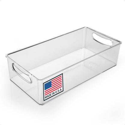 Pikanty Clear Refrigerator Organizer Bin with Handles — 11 Inch Compact Stackable Fridge and Pantry Storage Container for Snacks, Yogurt, Condiments, Dishwasher Safe, Made in USA