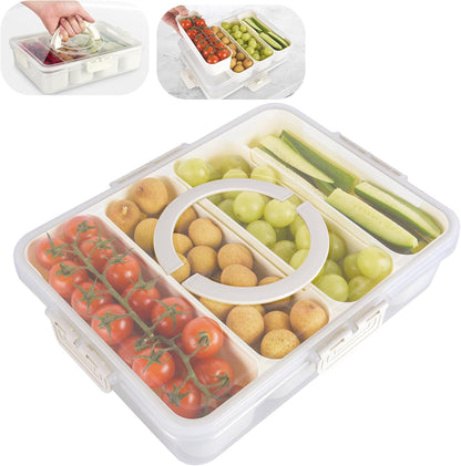 Snackle Box Container, 4 Compartment Divided Serving Tray with Lid