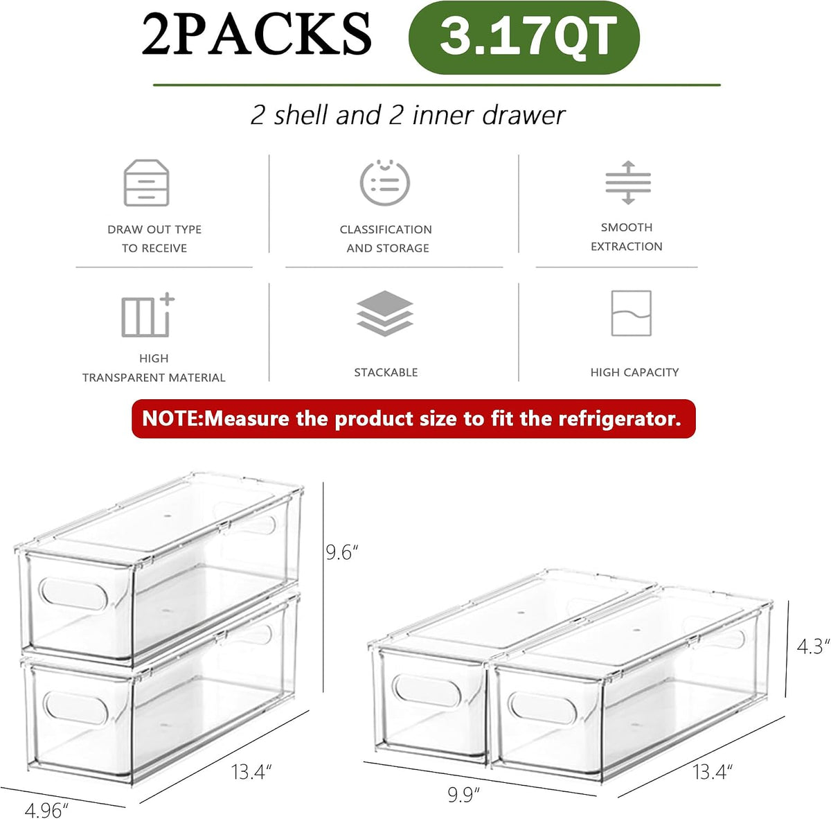 Refrigerator Organizers and Storage, 2 Pack BPA-Free Sturdy Stackable Clear Pull out Drawer Organizer Bins, Fridge Organizers and Storage for Fruit, Produce, Drink, Snack and Food Storage Containers
