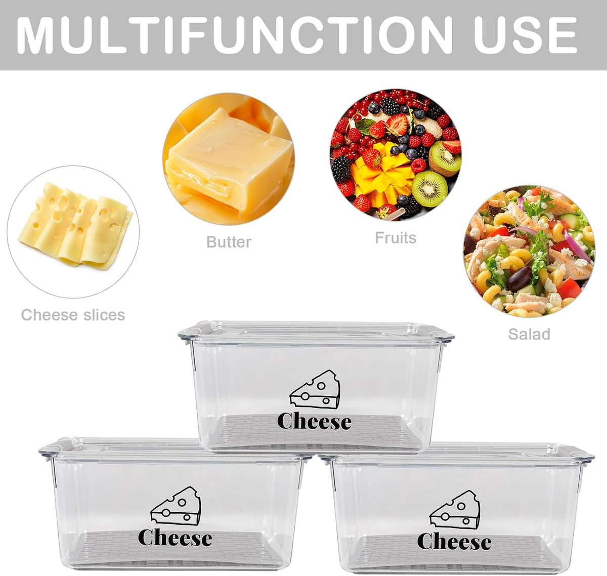 3 Pack Cheese Container for Refrigerator, Airtight Clear Cheese Storage Box with Lid, Cheese Keeper for Sliced Cheese, Deli Meat, Ham, Salami & Turkey, Fridge Food Storage Organizer