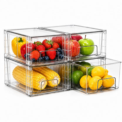 2 Pack Stackable Storage Drawers,Plastic Organizers Bins, Drawers Storage with Handles and Movable Dividers for Organization and Storage in Fridge,Bathroom, Pantry, Kitchen Cabinets, Under Sink