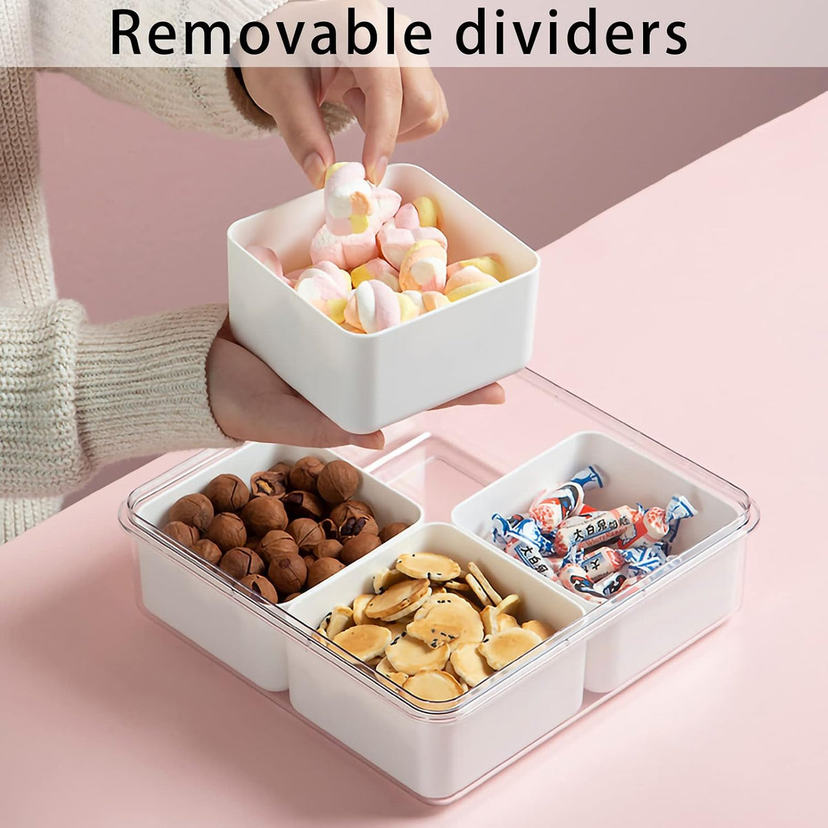 2Pack Divided Veggie Tray with Lid Snackle Box Serving Container Salad Keeper with 4 Removable Boxes Stackable Refrigerator Organizer Bins Produce Saver for Meal Prep Fruit