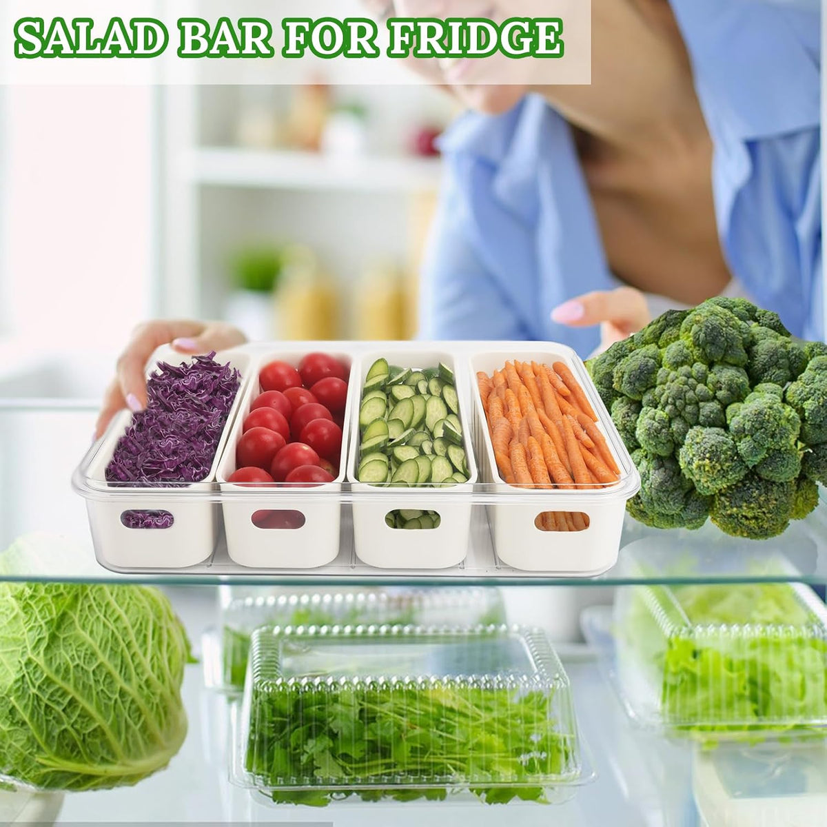 2 Pcs Salad Bar Containers for Fridge with Lid, Fruit Storage Veggie Tray