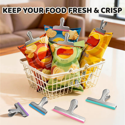 HOUSE AGAIN 8 Pack Stainless Steel Chip Bag Clips Covered with Silicone - NO More Sharp Edges - Color Coded for Food Bags - Air Tight Seal, Heavy Duty for Kitchen and Office, 3 Inches