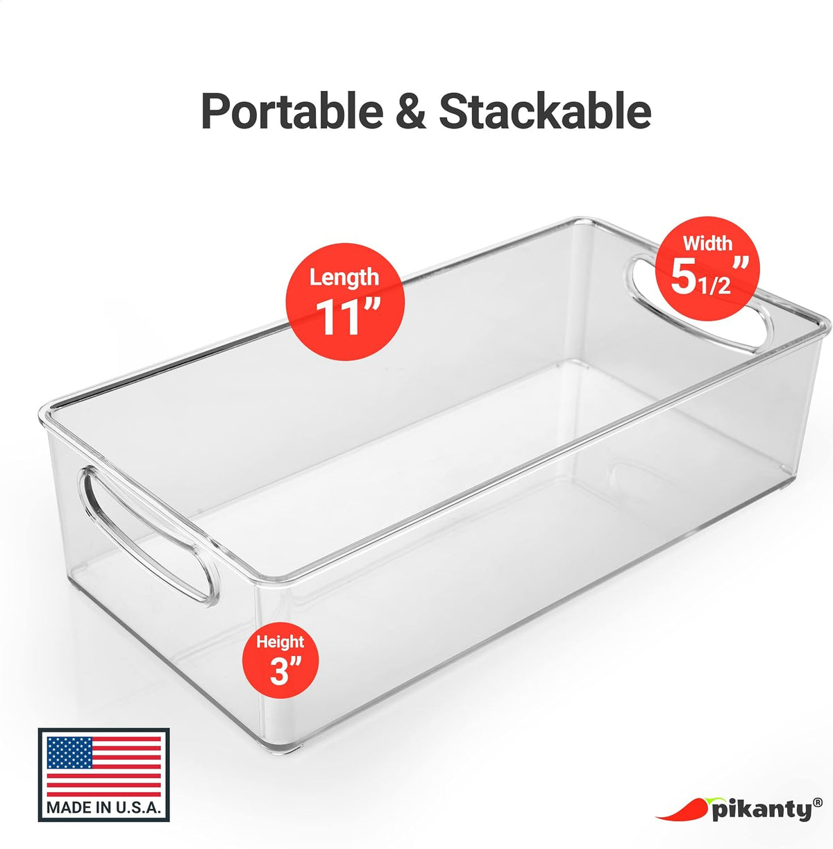 Pikanty Clear Refrigerator Organizer Bin with Handles — 11 Inch Compact Stackable Fridge and Pantry Storage Container for Snacks, Yogurt, Condiments, Dishwasher Safe, Made in USA