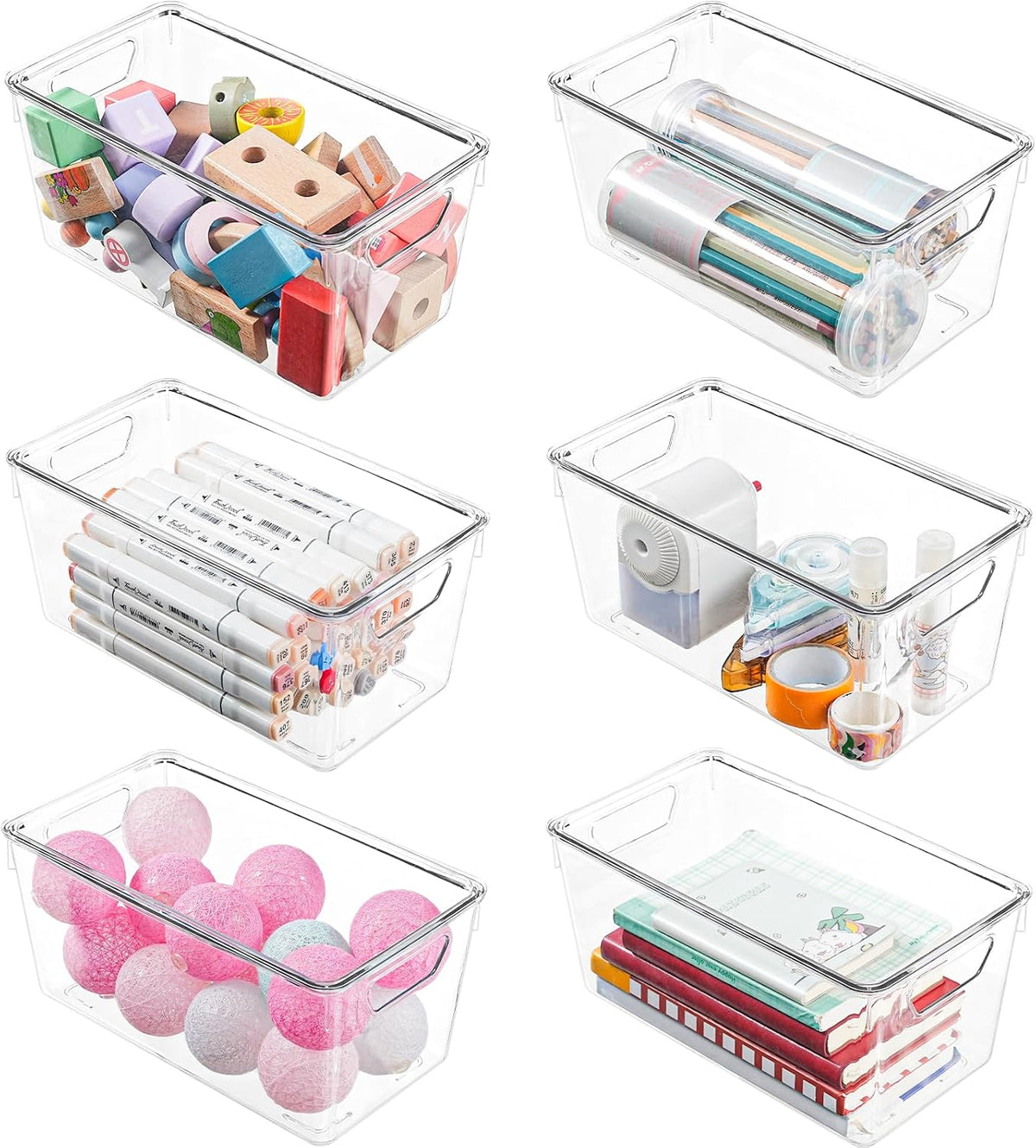 6 Pack Small Clear Storage Bins with Lids, Plastic Arts and Craft Storage Containers, Stackable Clear Plastic Craft Storage Bins with Handles for Classroom Storage Organization,Kitchen, Fridge, Office